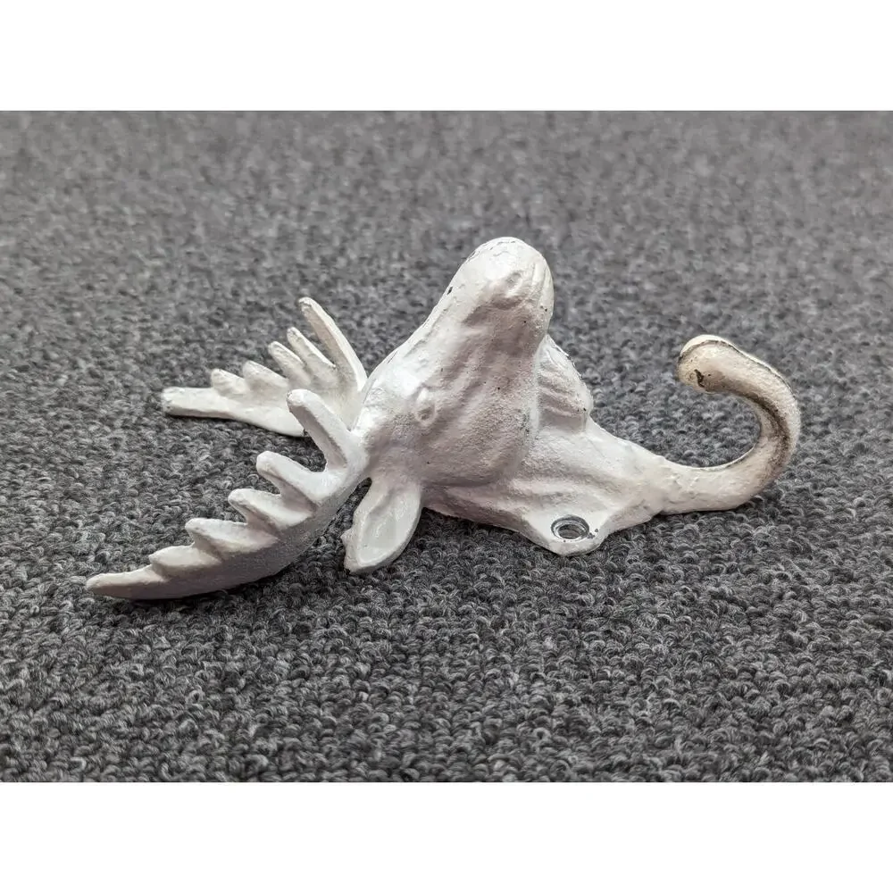 Cast Iron Set of 2 White Deer Moose Elk Antler Wall Coat Hooks 7